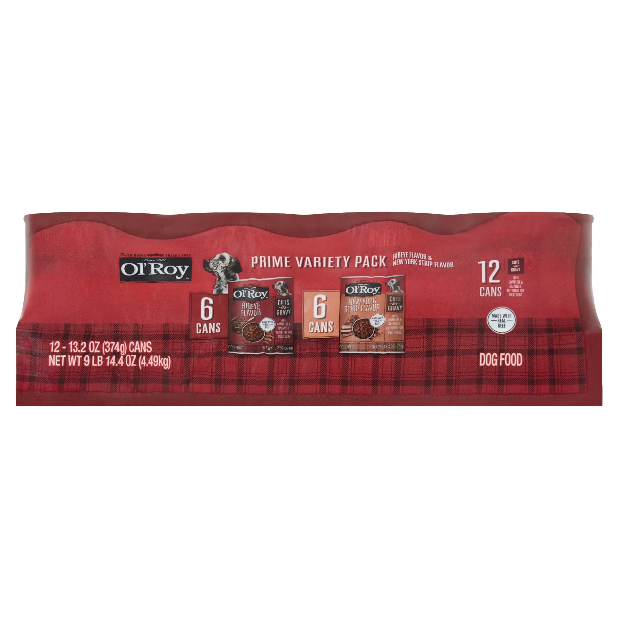 Ol' Roy Ribeye Flavor and New York Strip Flavor Cuts in Gravy Wet Dog Food Prime Variety Pack, 13.2 oz Cans, 12 Pack