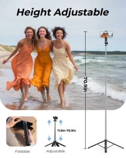 Frsara Trípode de Teléfono Extensible de 71" y Stick para Selfies con Control Remoto Inalámbrico - Soporte Portátil para iPhone/Android, Grabación de - Thumbnail 3