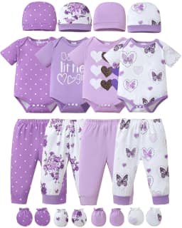 Kimi Bear Newborn Baby Girls Layette Essentials Set Summer Clothes 4 Packs Short Sleeves Romper Tops Pants Sets with Hats and Gloves 16pcs Girl Gifts Purple NB - Thumbnail 1