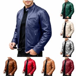 Men's Stand Collar Faux Leather Jacket, Zip up Long Sleeve Vintage Casual Motorcycle Coat for Daily Wear Dark Blue XL - Thumbnail 1