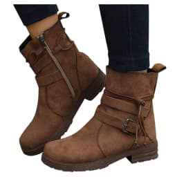Hinvhai Women's Fashion Wide Width Leather Ankle Short Boots, Casual Comfortable Side Zipper Block Low Heel Round Toe Lace-Up Booties Brown 9(42) - Thumbnail 5