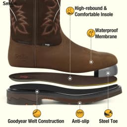 SMILIN Men's Steel Toe Work Boots, Square Toe Waterproof Cowboy Boots for Men, Brown, US Size 9.5 - Thumbnail 6