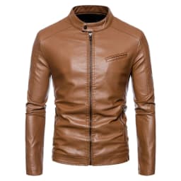 Zpanxa Men's Stand Collar Leather Biker Jacket Plus Size with Quilted Padding, Vintage Motorcycle Coat for Casual Riding Style Khaki L - Thumbnail 4
