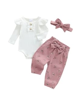 Loicainy Infant Baby Girls Fall Clothes Set 3 6 9 12 Months Long Sleeve Romper with Floral Pants and Headband Outfits - Thumbnail 1