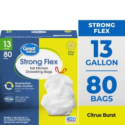Great Value Strong Flex 13-Gallon Drawstring Tall Kitchen Trash Bags, Citrus Burst, 80 Count - Thumbnail 1