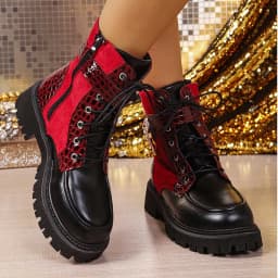 Womens Platform Boots Round Toe Chunky Ankle Boots Punk Boots Lace Up&Zipper Combat Boots with Beautiful Decor - Thumbnail 7