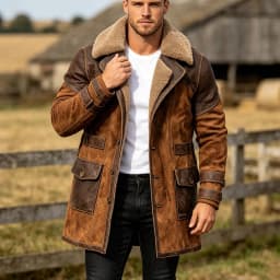 USNSM Men's Vintage Faux Leather Jacket Sherpa Lined Plush Collar Warm Winter Coat Western Cowboy Motorcycle Thick Overcoat Brown XXL - Thumbnail 7