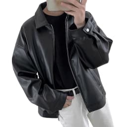 Donemore Men's Korean Style PU Leather Casual Baseball Jacket Motorcycle Coat Long Sleeve Collarless Slim Fit Design Trendy Urban Look for Multiple Occasions - Thumbnail 4