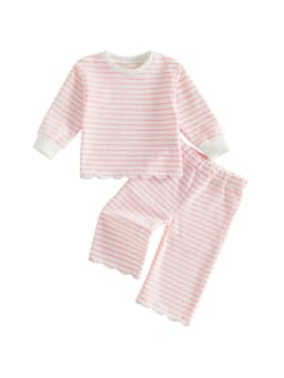 Loicainy Baby Toddler Girl Fall Clothes Set 6 12 18 24 Months 2T 3T 4T 5T Long Sleeve Crew Neck Striped Tops and Pants Outfits - Thumbnail 1
