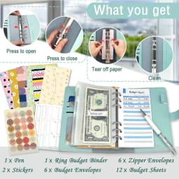 Money Saving Binder with Cash Envelopes, Including Zipper PVC Pockets, Cash Envelopes, Stickers and Pen, Blue - Thumbnail 5