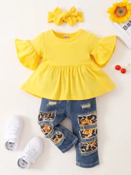 9 Months Baby Girls Clothes 12 Months Girls 3PCS Outfits Infant Girls Flared Sleeve Top Sunflower Patch Jeans Pants Headband Set Yellow - Thumbnail 2