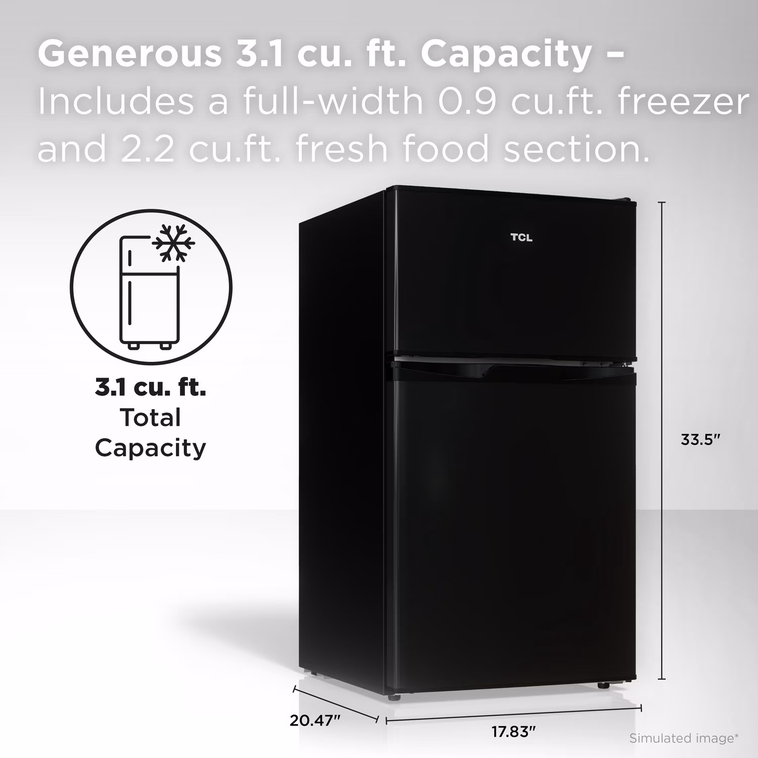 TCL Black Compact Two-Door Refrigerator with Freezer for Dorm, Office & Garage, 3.1 Cu - Thumbnail 2