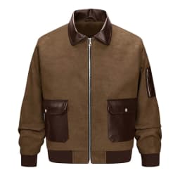 Gamivast Vintage Suede Bomber Jacket for Men Zip up Faux Leather Patchwork Coat Lightweight Casual Outerwear Windbreaker with Pockets for Fall Winter Activewear Brown XXL - Thumbnail 7