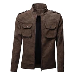 Vintage Moto Jacket for Men Faux Leather Long Sleeve Biker Coat with Epaulet Shoulder Trendy Fall Winter Outwear Coffee L - Thumbnail 4