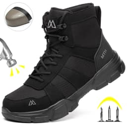 XQJ Men's Steel Toe Work Boots, Comfortable Lightweight Industrial Construction Shoes, Durable High Top Safety Boots - Black - Size 5 - Thumbnail 1