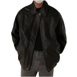 Maoxin Mens Jacket Men's Lapel Casual Loose Heavy Distressed Leather Jacket Long Sleeve Hoodless Leather Coat/Jacket Plus Size Leather Jackets for Men Black L - Thumbnail 3