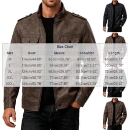 Vintage Moto Jacket for Men Faux Leather Long Sleeve Biker Coat with Epaulet Shoulder Trendy Fall Winter Outwear Coffee L - Thumbnail 3