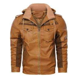 Maoxin Men's Leather Jacket Men's Solid Color Wnter Velvet Leather Zipper Pocket Long Sleeved Hooded Leather Jacket Leather Jackets for Men - Thumbnail 2