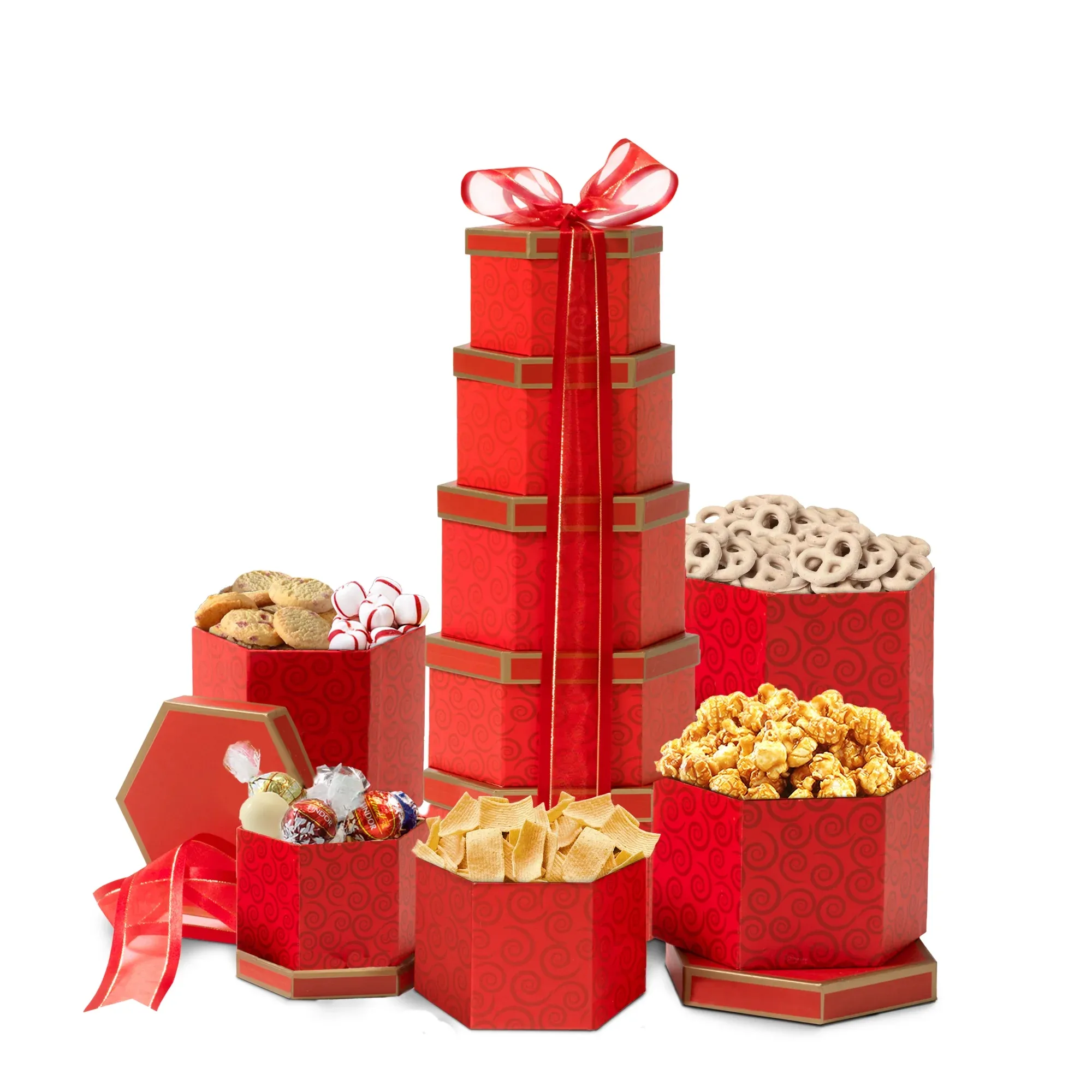 Broadway Basketeers Chocolate and Sweets Ruby Red Gift Basket Tower, Anniversary, Birthday, Thinking of You for Women, Mom, Step-Mother, Wife
