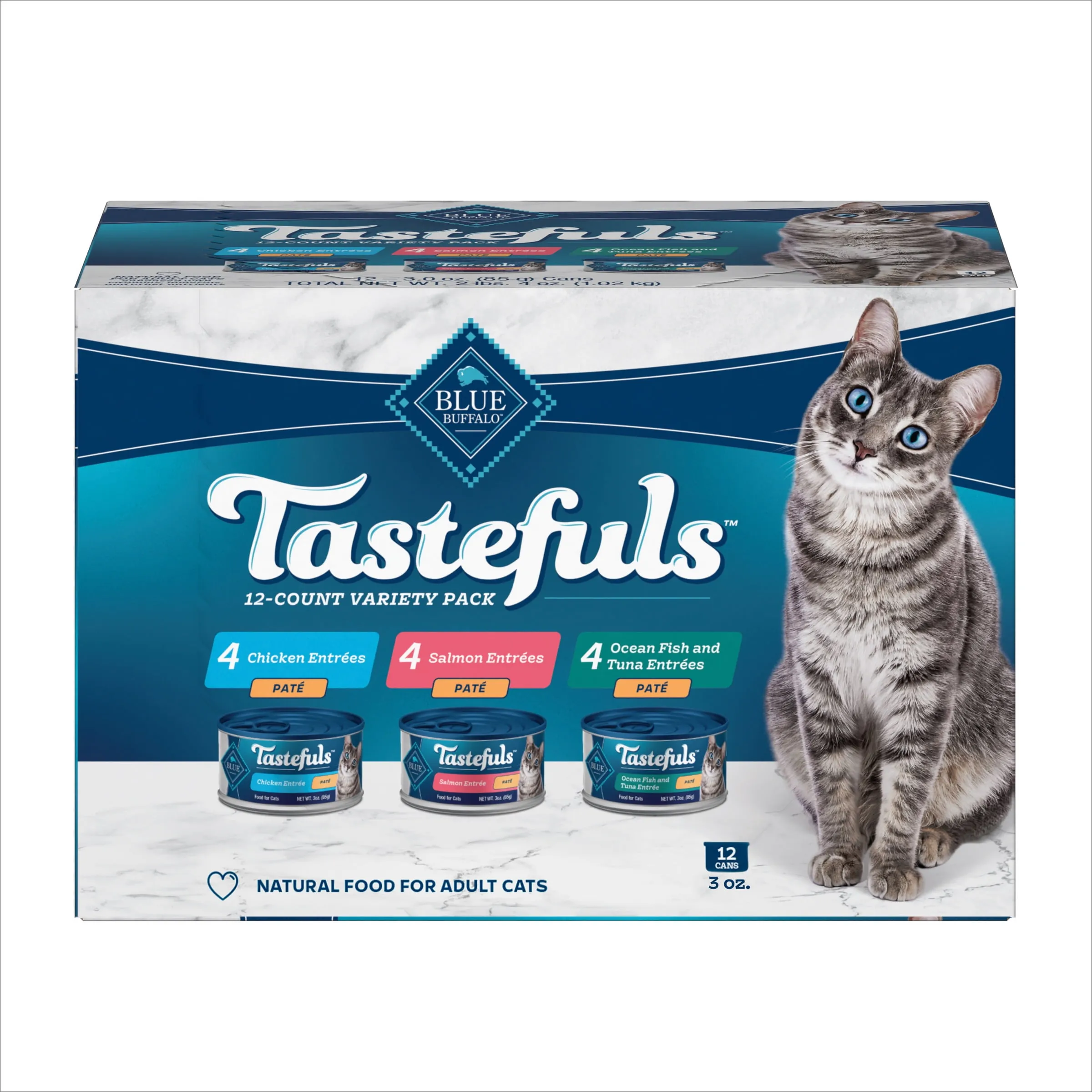 Blue Buffalo Tastefuls Natural Pate Wet Cat Food Variety Pack, Salmon, Chicken, Ocean Fish & Tuna Entrées 3-oz Cans (12 Count - 4 of Each Flavor)