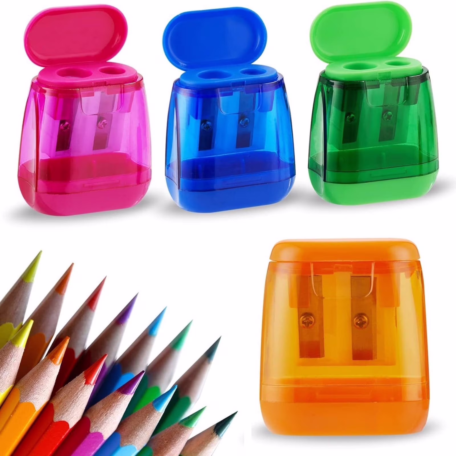 4 PCS Dual Hole Manual Pencil Sharpener with Lid – Oval Portable for Teens, Works with Standard & Colored Pencils, Back to Campus Supplies for Home - Thumbnail 1