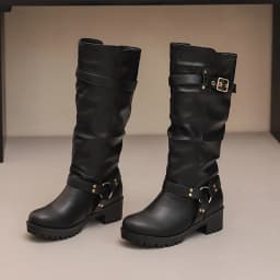 Pandaie Women Slouchy Retro Riding Boots Knee High Studs Round Toe Chunky Platform Heel Motorcycle Casual Fashion Tall Boot Size 6-10 - Thumbnail 6