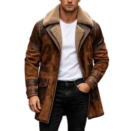 USNSM Men's Vintage Faux Leather Jacket Sherpa Lined Plush Collar Warm Winter Coat Western Cowboy Motorcycle Thick Overcoat Brown XXL - Thumbnail 1