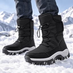 Stepedia Winter Snow Boots Warm Faux Fur Lined Mid Calf Waterproof Shoes for Men, Black - Thumbnail 2