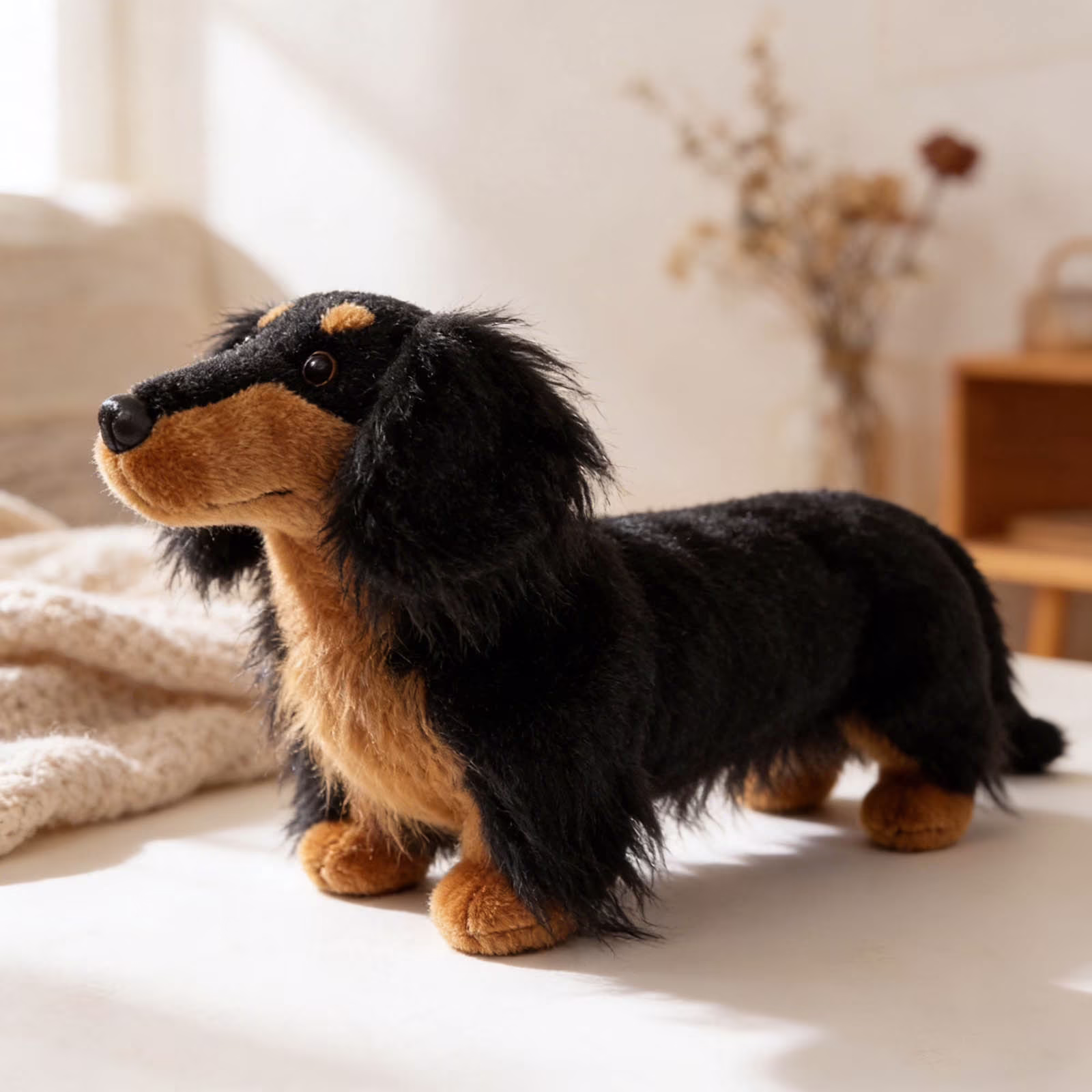 Realistic Dachshund Plush Toy 42cm, Lifelike Long Haired Stuffed Animal Dog with Soft Cuddly , Home Decor Gift for Pet Lovers - Thumbnail 5