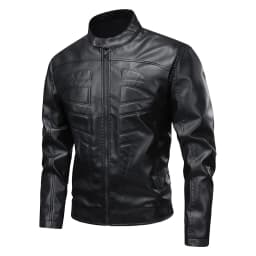 HOOMEUMY Men's Stand Collar Leather Jacket Casual Slim Fit Motorcycle Faux Leather Outerwear Windbreaker Coats with Pockets (Black,S） - Thumbnail 1