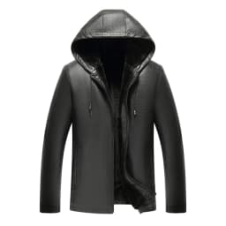 Men's Faux Leather Jacket Black Fleece Lined Motorcycle Bomber Jacket with Hood Slim Fit Warm Winter Coat Outwear Sizes S-2XL Black - Thumbnail 9