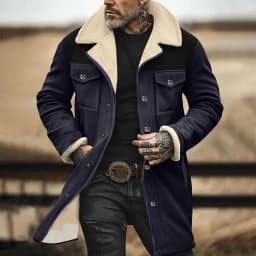 VSSSJ Men's Sherpa Lined Faux Leather Jacket Vintage Suede Button Pocket Reversed Collar Warm Thick Winter Jacket Mens Outdoor Jacket Coat Navy M - Thumbnail 2