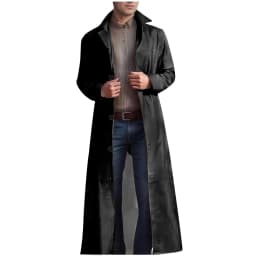 Olyvenn Mens Trench Coat Casual Single Breasted Long Jacket Lightweight PU Leather Trench Coat Long Sleeve Lapel Overcoat Black 4 - Thumbnail 1