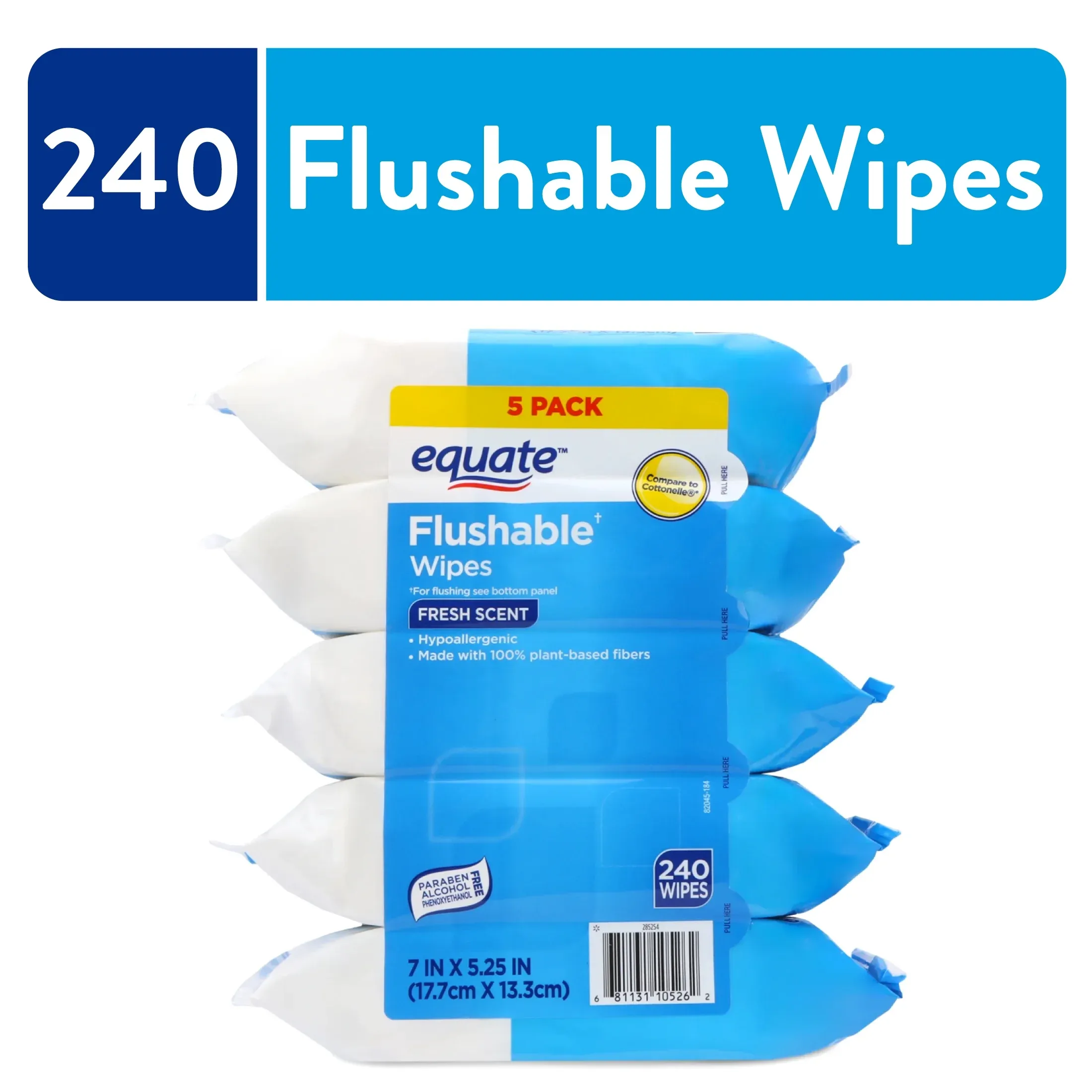 Equate Flushable Cleansing Cloths, Fresh Scent, 240 Wipes, 5 Resealable Packs
