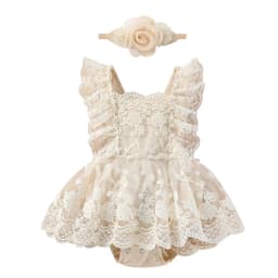 IBTOM CASTLE Baby Girls Lace Bodysuit Boho Clothes 1st Birthday Cake Smash Outfit Newborn Photography Outfits Summer Sunsuit 3-6 Months Apricot Lace - Thumbnail 1