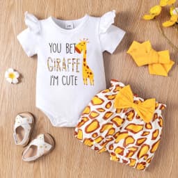 PatPat Baby Girl Clothes 3Pcs Outfit Set Giraffe Print Romper Shorts Headband Gift for 3-6 Months - Thumbnail 2