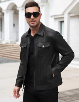 COOFANDY Men's Faux Leather Motorcycle Jacket Casual Lightweight Zip Up Trucker Outerwear with Multiple Pockets - Thumbnail 6