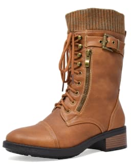 DREAM PAIRS Womens Ankle Booties Lace Up Mid Calf Military Combat Boots AMAZON CAMEL Size 5.5 - Thumbnail 1