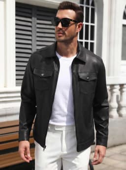 COOFANDY Men's Faux Leather Motorcycle Jacket Casual Lightweight Zip Up Trucker Outerwear with Multiple Pockets - Thumbnail 8