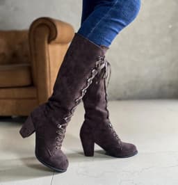 FRSASU Women Boots ,Women Boots Shoes Thick Low-Heeled Boots Plus Size Mid Calf Lace Up Boots - Thumbnail 5