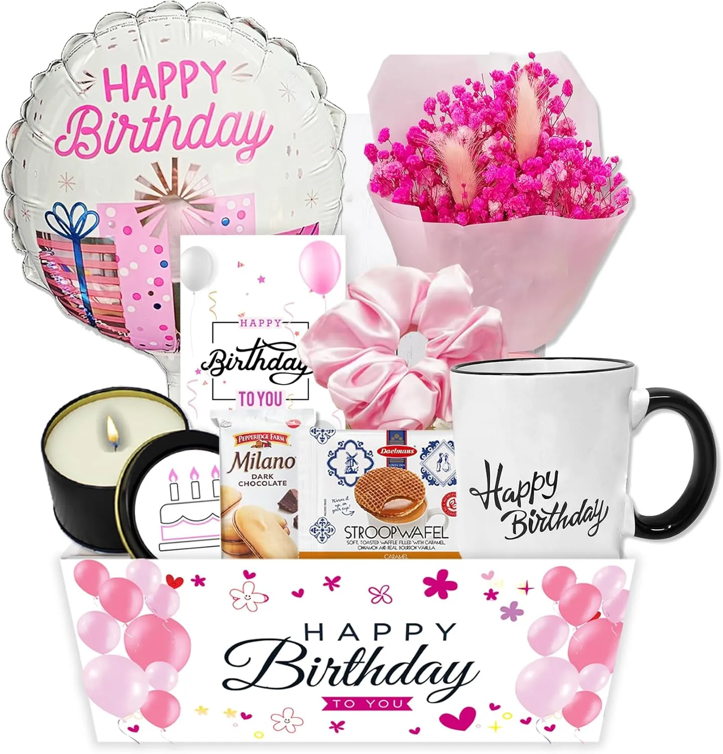 Birthday Gift BasketUnique Care package Gift set for women or teenage girl Variety gift wHappy birthday balloon dried flower bouquet, Card & snacks