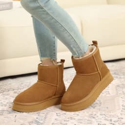 Crestar Platform Mini Boots for Women, Genuine Suede Fuzzy Ankle Snow Boots with Fur Lined, Chestnut - Thumbnail 5