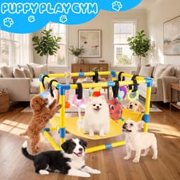 Yucurem Puppy Play Gym with Hammock & 9 Toys, Adjustable PVC Frame Indoor Jungle Gym with Bungee Straps for Small Dogs & Cats Interactive Toys - Thumbnail 2