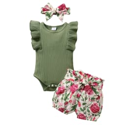 Younger Tree Ropa de Bebé Niña Conjunto de Verano para Infante Mameluco de Manga con Volantes y Shorts Florales con Diadema para 6-12 Meses - Thumbnail 1