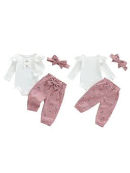Loicainy Infant Baby Girls Fall Clothes Set 3 6 9 12 Months Long Sleeve Romper with Floral Pants and Headband Outfits - Thumbnail 2