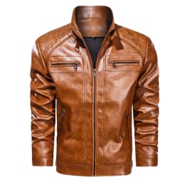 Men's Leather Jacket Stand Collar Motorcycle Bomber Jackets Brown S - Thumbnail 1