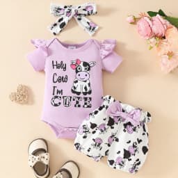 TOWED22 Baby Girl Clothes Summer Outfits Newborn Romper Ruffle Sleeve Infant Flower Shorts with Bow Headband Set 0-18 Months(Purple,0-3 M) - Thumbnail 2