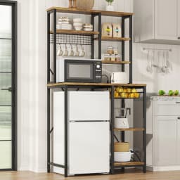 ModFurne Mini Fridge Stand with Storage, Microwave Storage Shelf with Power Outlet, Bakers Rack Stand for Dorm Kitchen Coffee Bar, Vintage Brown - Thumbnail 2