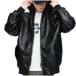 YLSDY Men's Faux Leather Jacket Zipper Hooded Bomber Jacket Loose Fit PU Leather Motorcycle Outwear Large Black M - Thumbnail 1