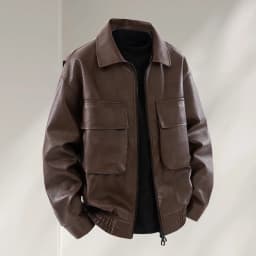 gbyLJF Leather Jackets For Men Classic Full Zip Motorcycle Bomber Jacket Long Sleeve Lapel Coat with Pockets - Thumbnail 1